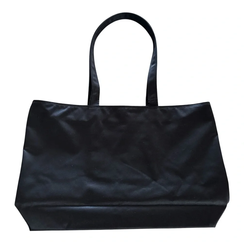 NWOT St. John Large Branded Black Satin Tote with White Floral Appliqué